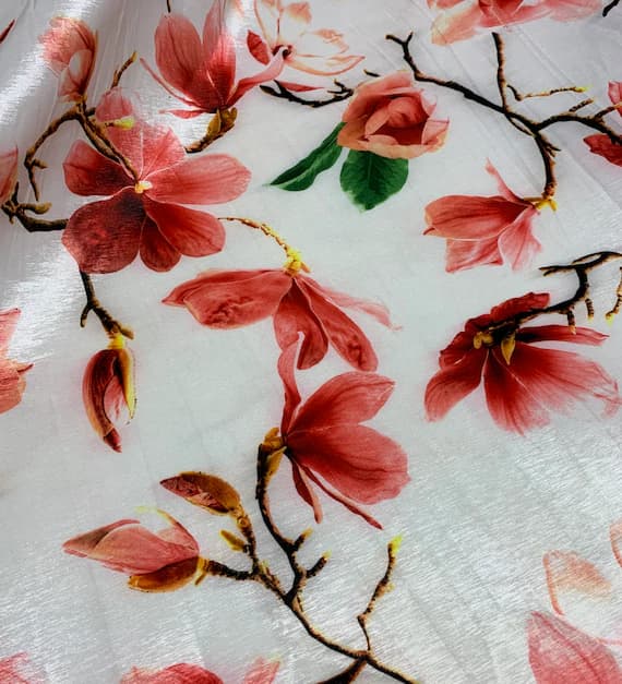 coral velvet fabric - White Coral Magnolia Floral - Stretch Polyester Taffeta Fabric