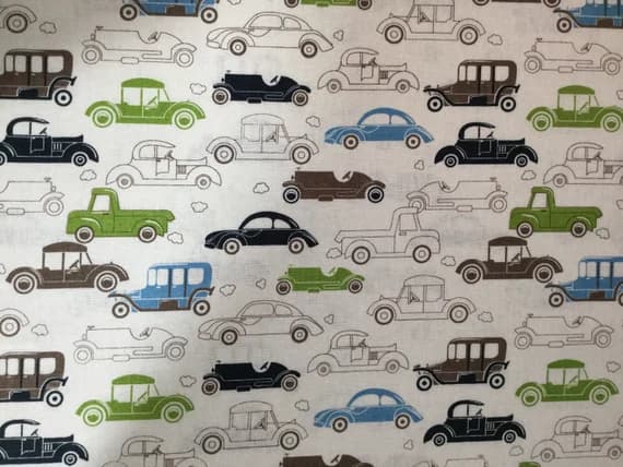 green linen fabric - Blue Green & Brown Cars - Rayon/Linen Fabric