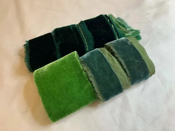 none - Hand Dyed Silk Velvet Fabric & Ribbon Remnant Lot Scrap Bag #74 Greens