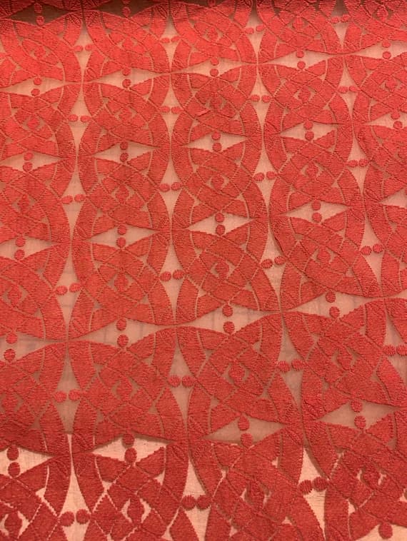 coral lace - Coral Geometric Embroidered Organza Fabric