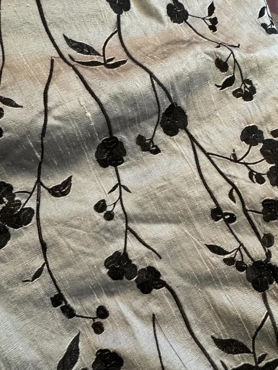 silver dupioni fabric - Silver with Embroidered Black Floral - Silk Dupioni Fabric