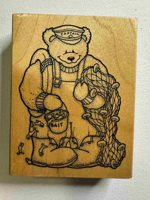 none - 3.5"x4.5 Fisherman Bear Wood Mounted Rubber stamp. Item# S 1146 By: Darcies Country Folk