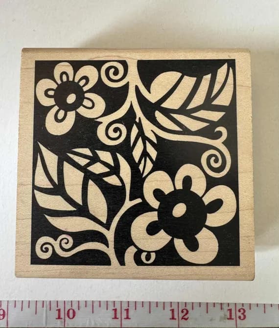 fabric - 3"x3" Floral Toon Block Wood Mounted Vintage rubber stamp by Judi Kins