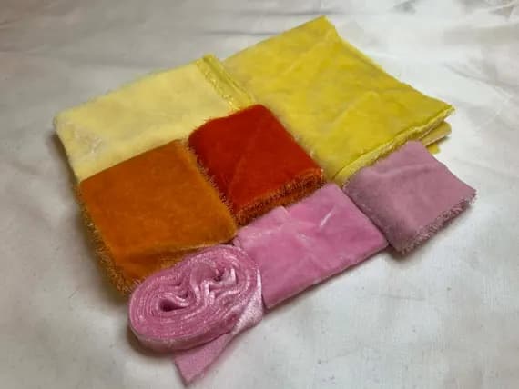 none - Hand Dyed Silk Velvet Fabric & Ribbon Remnant Lot Scrap Bag #97 Bright Sunrise