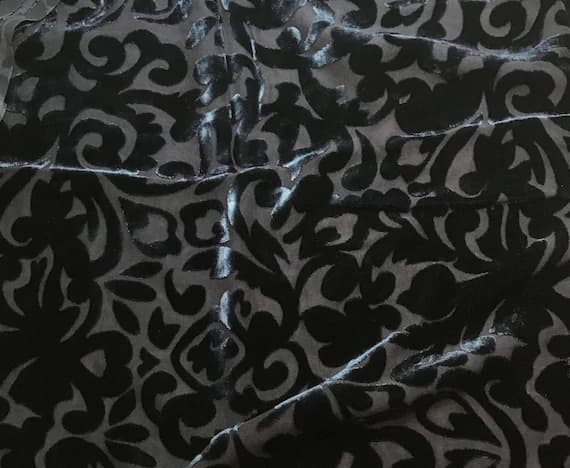 blue velvet fabric - DENIM BLUE SCROLL - Hand Dyed Burnout Silk Velvet