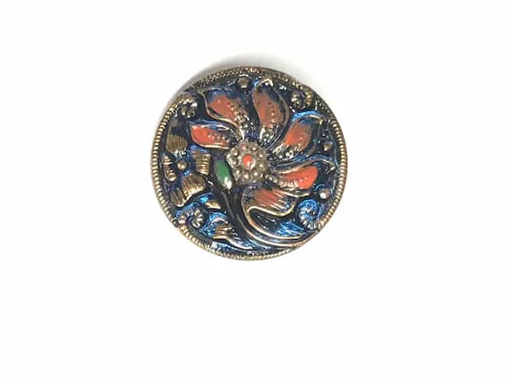 gold none - Vintage Glass Button - Mirror Back Iridescent Blue with Red & Gold Flower 7/8"