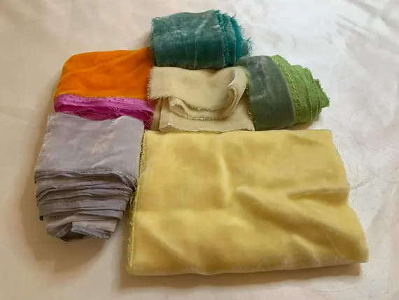 none - Hand Dyed Silk Velvet Fabric & Ribbon Remnant Lot Scrap Bag #68 Spring Colors