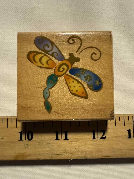 fabric - 2.25" X 2.25" Whimsical Dragon Fly vintage Wood Mounted rubber stamp (Item# A2379E) by Rubber Stamped