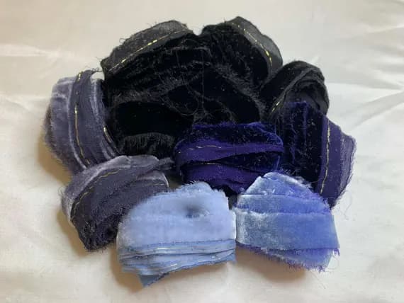 black none - Hand Dyed Silk Velvet Fabric & Ribbon Remnant Lot Scrap Bag #9 Blue and Black