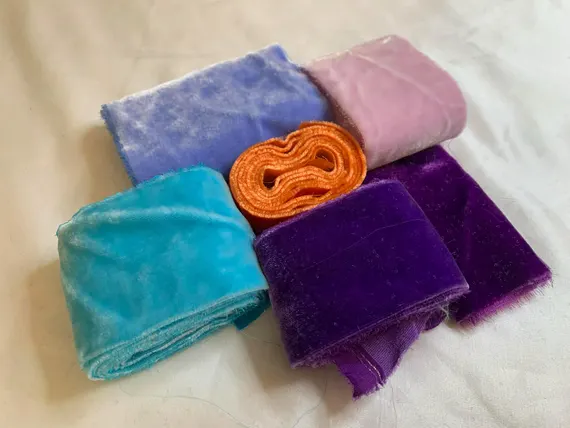none - Hand Dyed Silk Velvet Fabric & Ribbon Remnant Lot Scrap Bag #77 Spring Colors