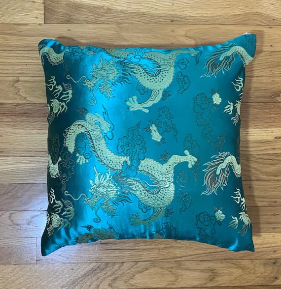 emerald velvet fabric - Silky Brocade Pillow Cover - Emerald Green & Gold DRAGONS - Handmade