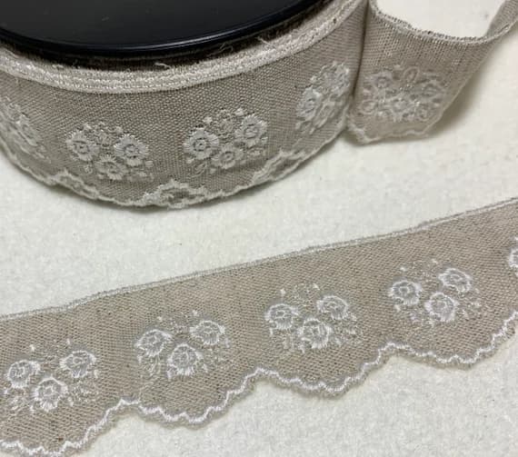 none - 1-3/8" Roses Floral Embroidered Linen Scalloped Edge Ribbon Trim Made in France