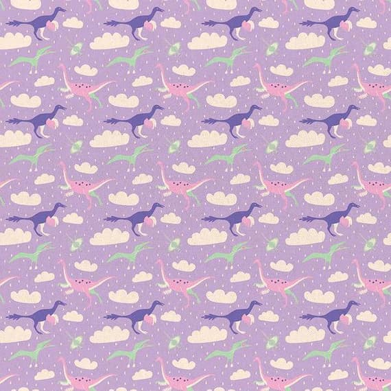 purple cotton fabric - Dinosaur Stories - Flying Dinos Purple - Paintbrush Studio Cotton Fabrics