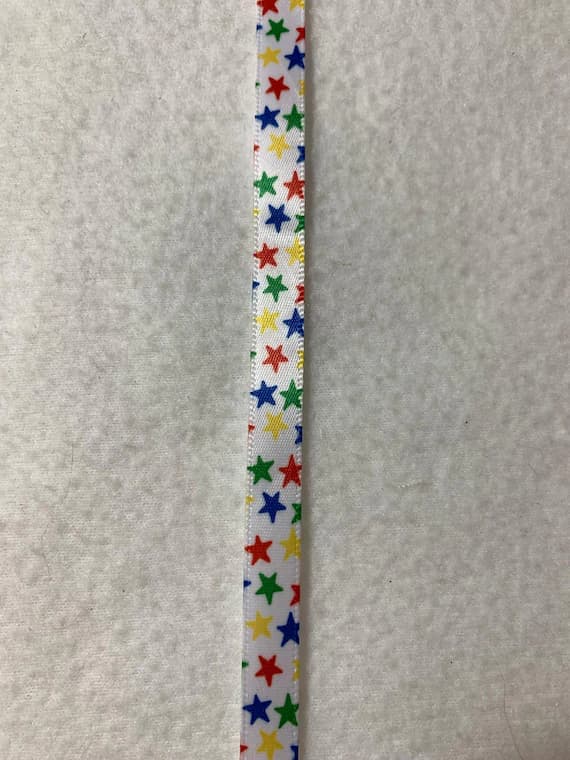 white none - Vintage White with Multi Colored Stars Satin Ribbon 3/8" wide - 3 Yards