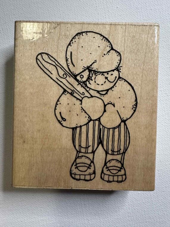 none - 3"x3.5" Child Playing Baseball Batter Up Wood Mounted Rubber Stamp. Item# Q205 By: D.O.T.S