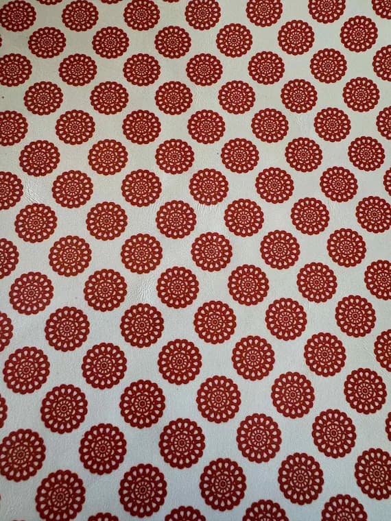 white leather - Red Doily Flowers on White Printed Cow Hide Leather Sheet 8.5"x11"