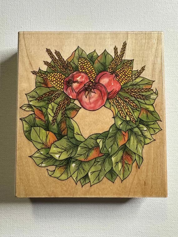 none - 4-1/4"x4-5/8" Pomegranate Wreath Wood Mounted Rubber stamp. Item# A1559G By: Rubber Stamped