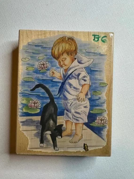 none - 3.5"x4.5" Boys Adventure with His Cat Wood Mounted Rubber Stamp. By Stamps Happen Inc