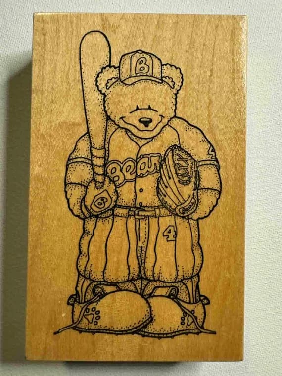 none - 3-1/4"x5-1/8" 1996 Baseball Bear Wood Mounted Rubber stamp. Item# T1385 By: Darcies