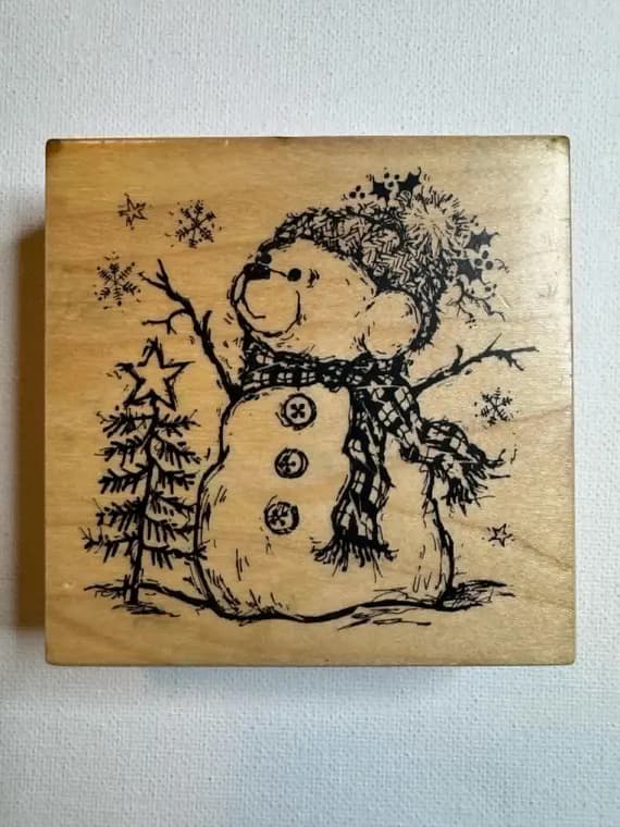 none - 3"x3" 1996 Christmas Snowman Bear Wood Mounted Rubber Stamp (G-2044)