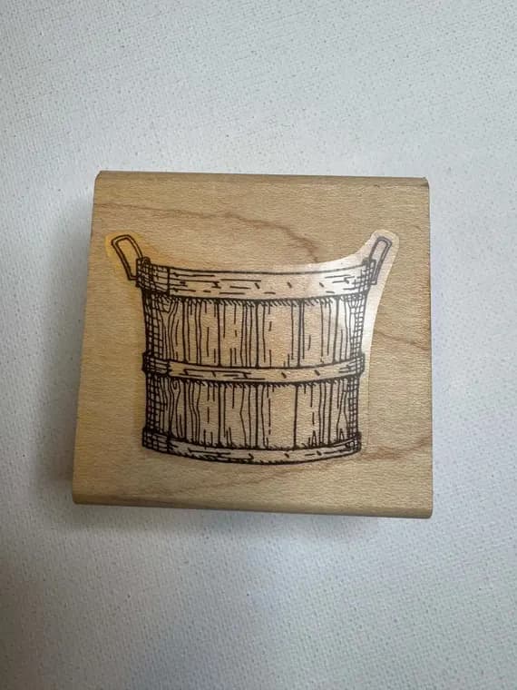 none - 2.25"x2.25" 1993 Wooden Bucket Wood Mounted Rubber Stamp. By Hook's lines & Inkers