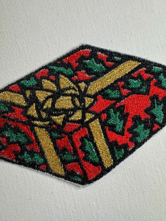 fabric - Vintage Christmas Present Wrapped Embroidered Applique
