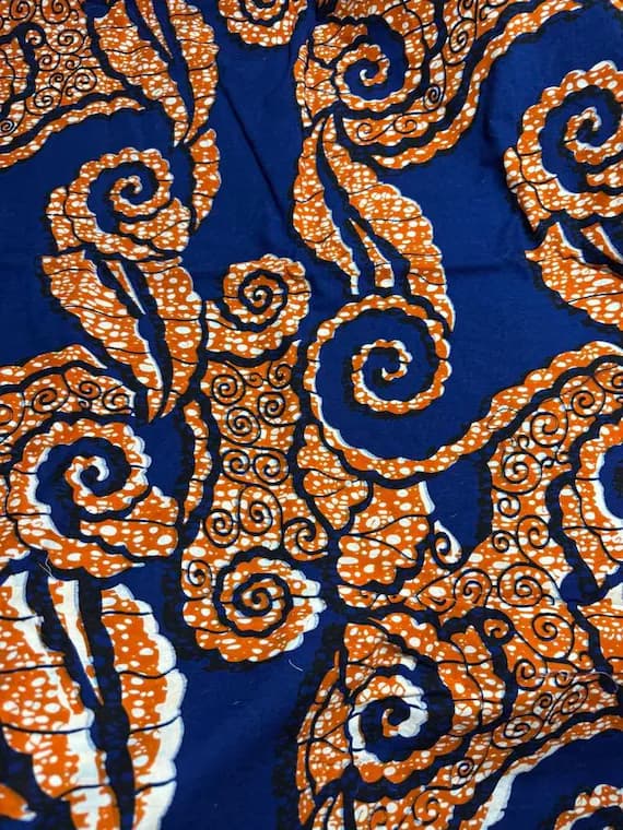 blue cotton fabric - Vintage Blue & Orange Wax Print Qualitex Veritable Untl Wax 8470 Cotton Fabric by the yard