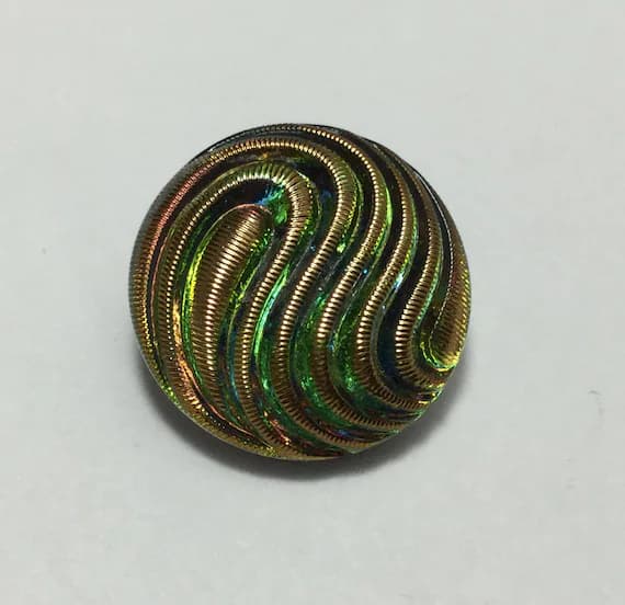 gold none - Vintage Glass Button - Mirror Back Iridescent Green Waves with Gold Luster 11/16"