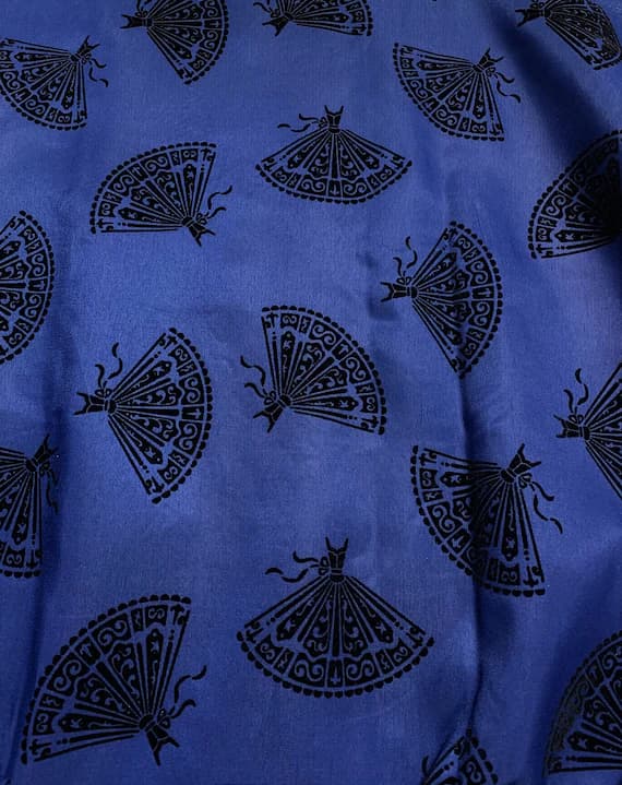 black fabric - Black Dresses on Blue - Flocked Polyester Faille Fabric - Gertie Collection