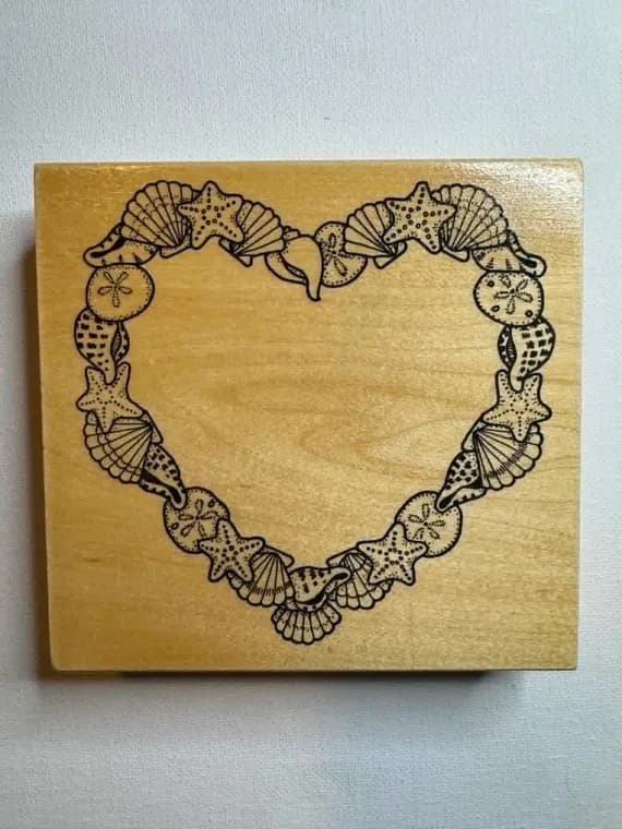none - 4.5"x4.75" 1997 Seashell Beach Heart Wood Mounted Rubber Stamp (U-1526) By Darcie's