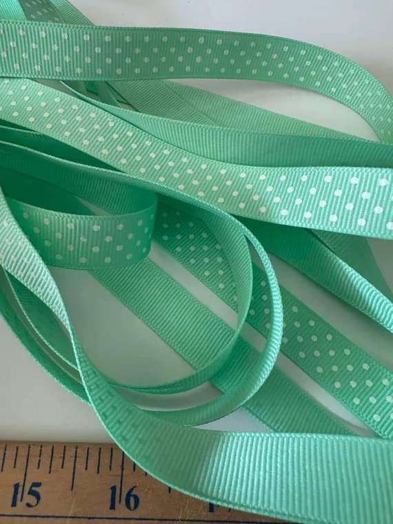 mint none - Vintage Mint with White Polka Dots Grosgrain Ribbon Trim 5/8" wide - 4-2/3 Yards