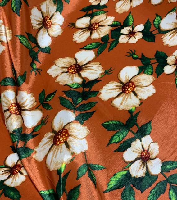 ivory velvet fabric - Rust Ivory Floral - Stretch Polyester Taffeta Fabric