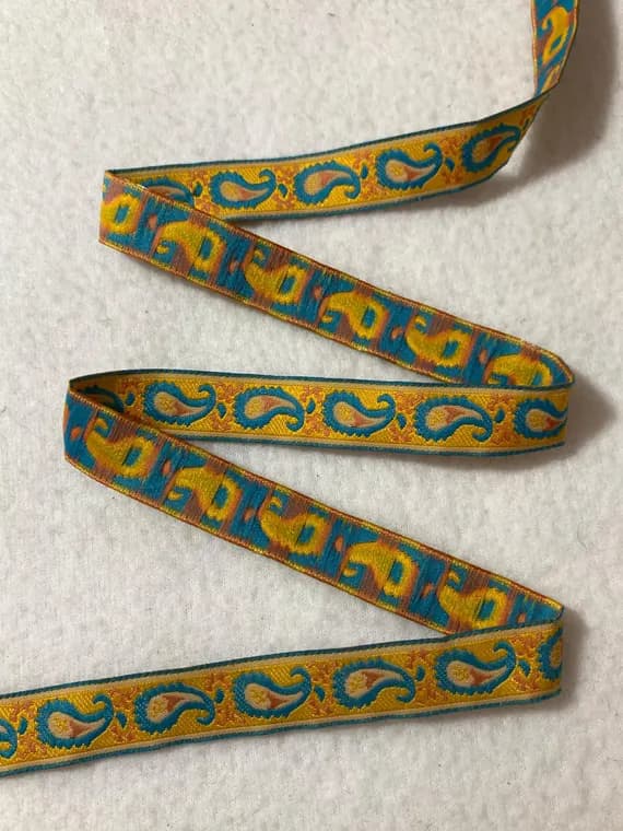 turquoise none - Vintage Golden Yellow & Turquoise Blue Paisley Jacquard Ribbon 5/8" wide