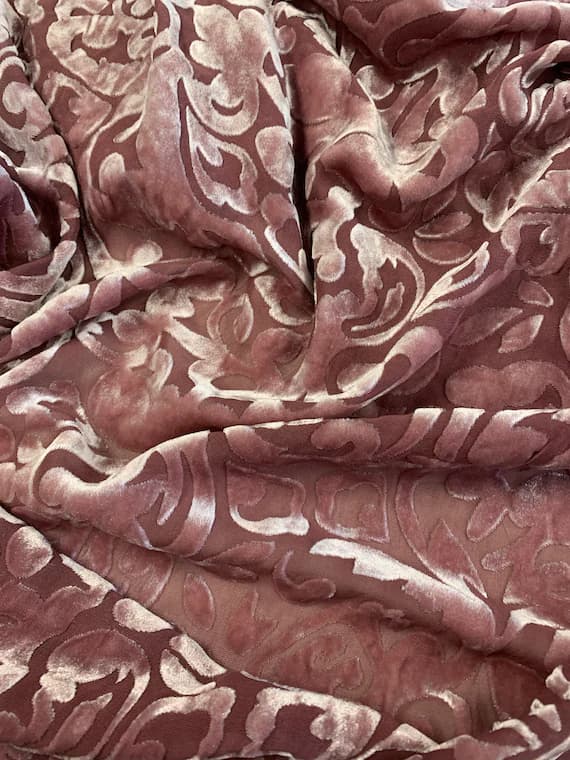 velvet fabric - ANTIQUE MAUVE SCROLL - Hand Dyed Burnout Silk Velvet