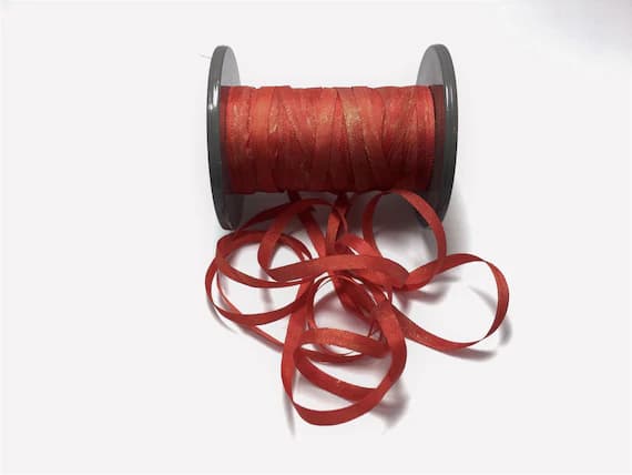 gold none - Hand Dyed Blood Orange with Metallic Gold #23 Pure Silk Embroidery Ribbon 4mm 1/8" wide Japan -3 yards-