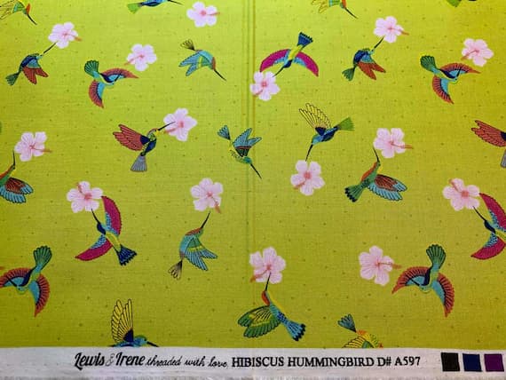 green cotton fabric - Hibiscus Hummingbird on Kiwi Green Lewis & Irene Cotton Fabric