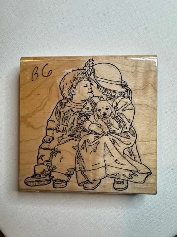 none - 4.5"x4.5" Young Love Kissing Children Wood Mounted Rubber Stamp. By Stamp Cabana