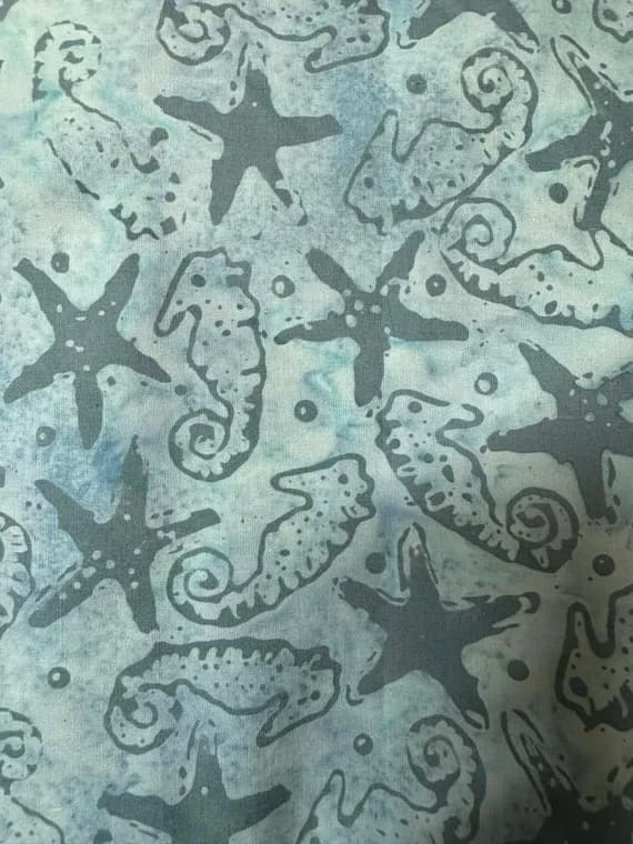 gray cotton fabric - 1/2 yard increments Seahorse & Starfish Gray Green Day Cruise - Batik by Mirah Cotton Fabric