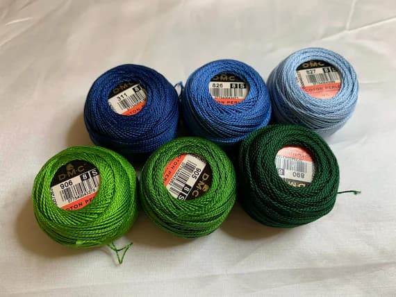 green none - lot of 6 DMC 116 8 Perle Cotton Thread Balls; Size 8 brand new green & blue #34