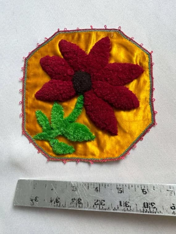 satin fabric - Antique Hand Embroidered Chenille Yarn on Silk Applique Flower Floral