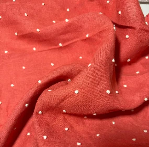 coral linen fabric - 1 yard Coral with Embroidered Dots 100% Linen Fabric - Medium Weight