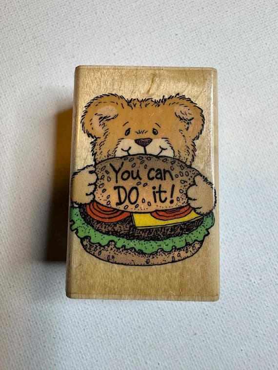 none - 1.25"x2" 1996 You Can Do It Bear with a Burger Wood Mounted Rubber Stamp (C1081) By Hero Arts