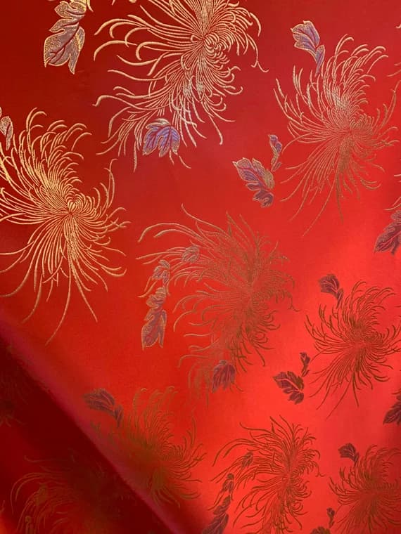 red brocade fabric - Red Mums Floral - Faux Silk Brocade Fabric