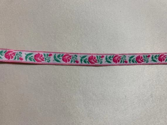 white none - Vintage Pink Flowers on White- Jacquard Ribbon 7/16" wide -2 Yards-