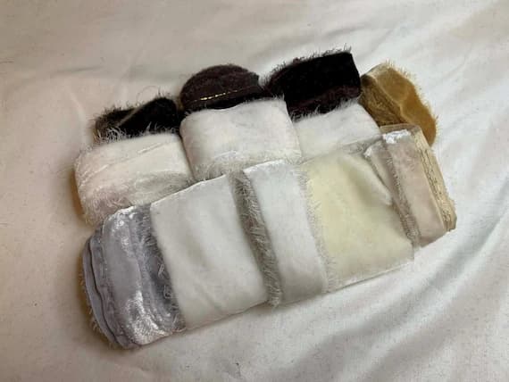white none - Hand Dyed Silk Velvet Fabric & Ribbon Remnant Lot Scrap Bag #133 White and Neutrals