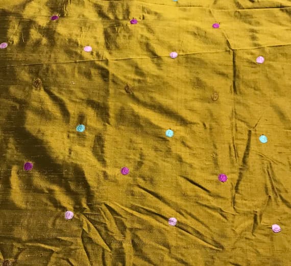 gold dupioni fabric - Gold with Embroidered Polka Dots - Silk Dupioni Fabric