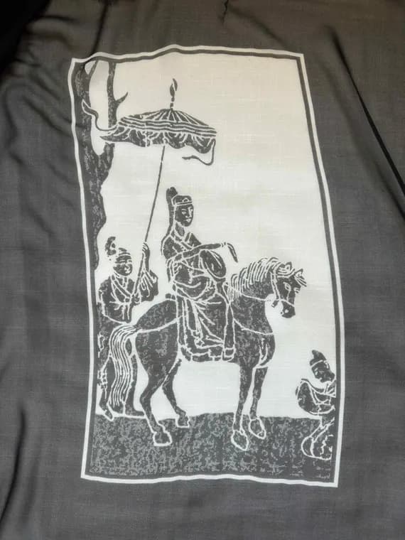 royal chiffon fabric - Chinese Royal on Horse White/Black - Silk Chiffon Fabric 44"x44" Panel