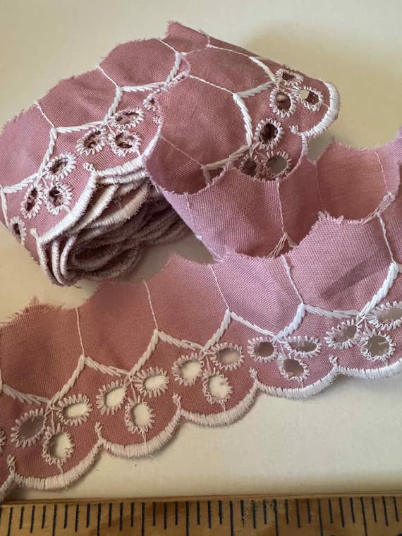lace - Vintage Dusty Rose Embroidered Border Eyelet Lace Trim 2.25" wide x 2 Yards