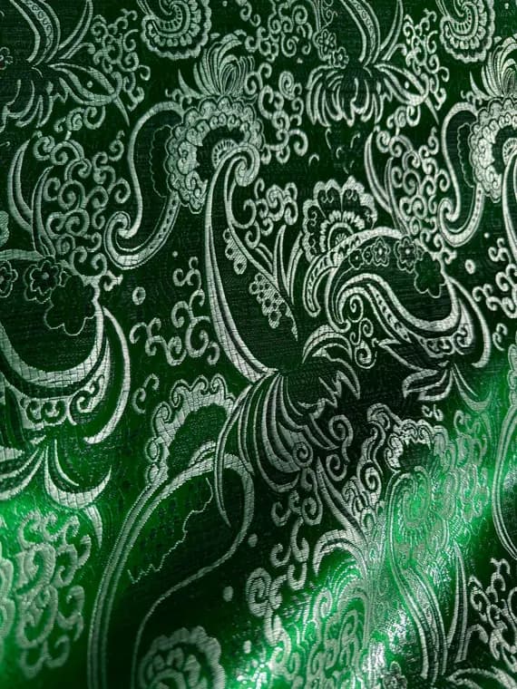 emerald brocade fabric - Emerald Green & Silver Paisley - Faux Silk Brocade Jacquard Fabric
