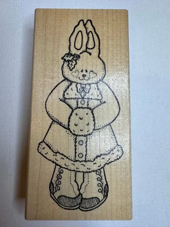 hunter none - 2-1/2"x5-3/8" 1993 Christmas Bunny Wood Mounted Rubber Stamp (P0328) By Darcie Hunter Country Folk Products